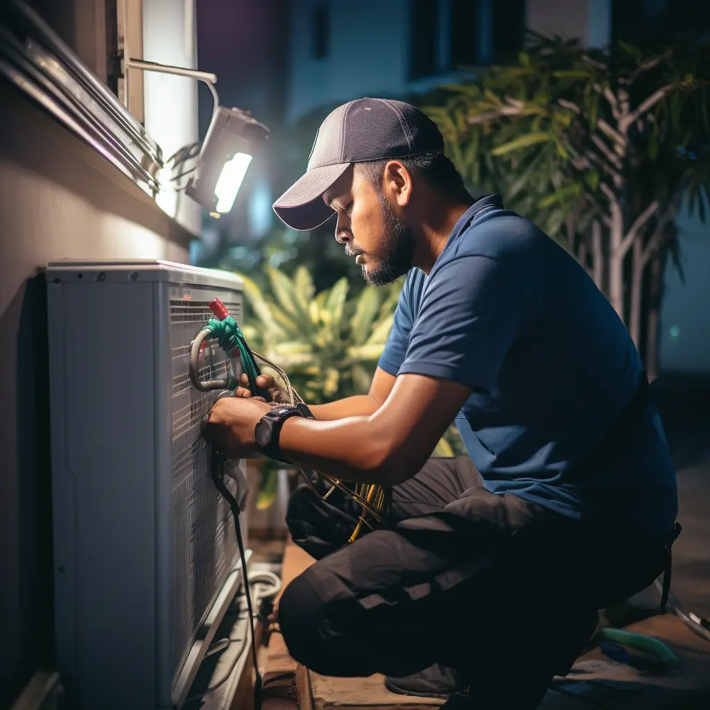 Technician fixing an aircon at night, in Perth. -Gildan Air & Electrical